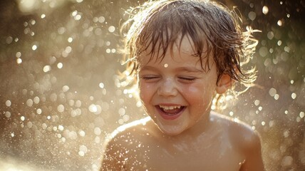 Fototapeta premium Joyful child playing in water, sparkling droplets, backlit sun, carefree summer moments.