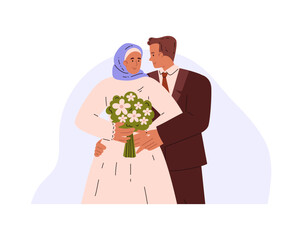 Bride and groom, wedding ceremony, vector newlywed couple, happy husband in suit and wife in wedding dress and hijab