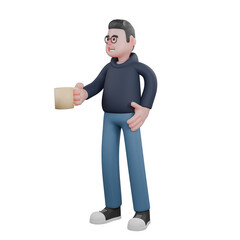 Male Programmer in 3D Professional Tech. A male programmer is standing while his right hand is carrying a glass cup while his left hand is on his waist. Cartoon