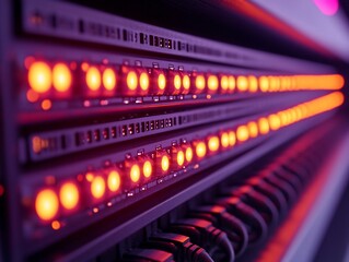 Close-up view of server rack with glowing red lights.