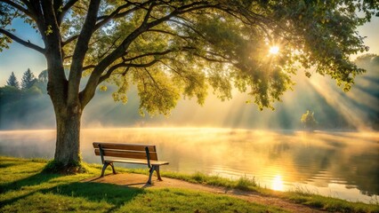 Peaceful scene of a solitary bench under a tree by a foggy lake with sunlight filtering through the leaves reflected