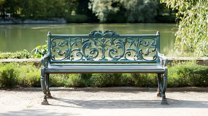 A green metal bench with ornate design sits in a park overlooking a pond.