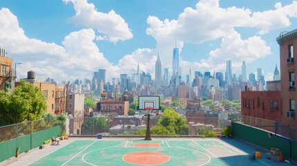Naklejka premium Rooftop basketball court with vibrant markings and a view of the cityscape, sunny day sports activity