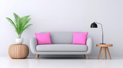 Fototapeta premium A stylish living room with a light gray couch, sleek black-and-white decor, and wooden accents, with a large window offering natural light