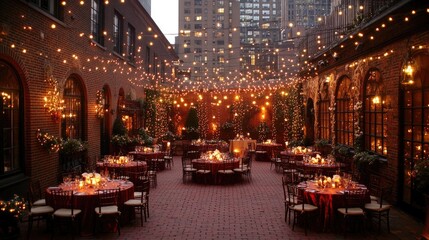 Rooftop event space with string lights and seating, ideal for a celebration against a sunset city backdrop