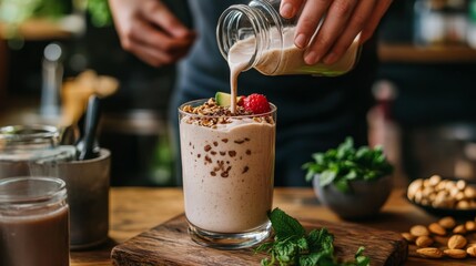 A person pours a creamy beverage into a glass, garnished with nuts and a cherry, in a cozy kitchen setting.