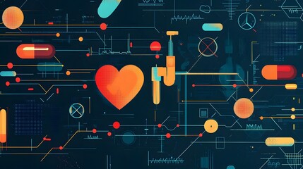 Fototapeta premium Abstract digital artwork with a heart, pills, and geometric shapes