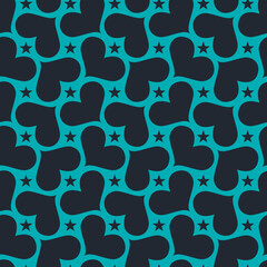 bold and modern geometric seamless pattern featuring hearts and stars in shades of blue and black. Perfect for wallpaper, fabric, or any project needing a stylish, contemporary touch