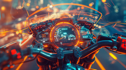 A motorcycle dashboard with a holographic data display