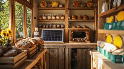 A sustainable bakery using organic ingredients, packaging from recycled materials, and a solar-powered oven