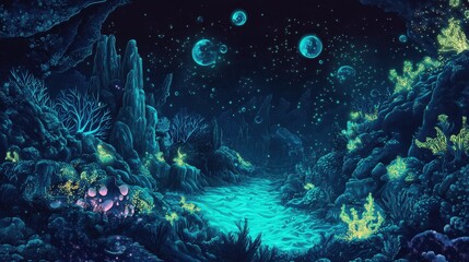 A Bioluminescent Forest Under a Starry Sky