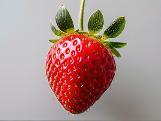 A ripe strawberry dangling from a string, highlighting its glossy surface and fresh appearance in a simple setting.
