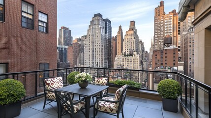 Fototapeta premium Rooftop terrace with modern outdoor furniture and lush plants, offering a relaxing city view at sunset