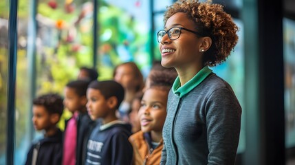 A woman with curly hair and glasses looks up at a blurred background with a group of children behind her.