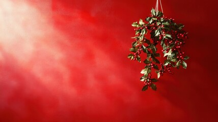 Mistletoe hanging against a vibrant red background.