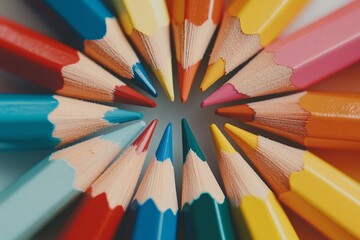 Fototapeta premium A close-up of colorful pencils arranged in a perfect circular pattern on a white background showcases a minimalistic