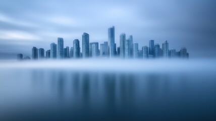 Naklejka premium Modern city skyline with fog, serene waterfront reflections.