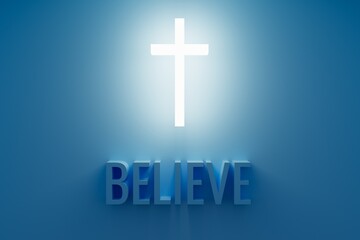 Fototapeta premium Believe 3d banner. Religion concept. Glowing cross, 3d letters blue background
