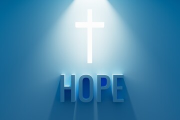 Obraz premium Hope 3d banner. Religion concept. Glowing Cross, rays of light from above 3d letters blue background