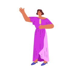 Beautiful woman wearing formal dress with glass champagne dancing, party celebration holiday, wedding ceremony vector