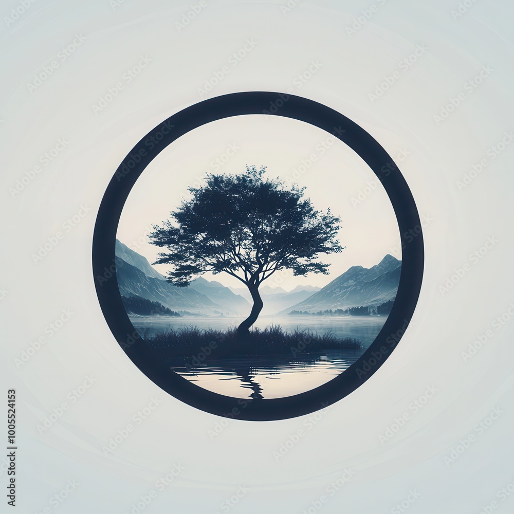 Sticker Tree in a Circle Minimalist Nature Artwork.