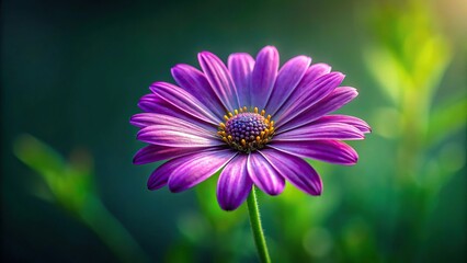 Obraz premium Photograph of single purple daisy in sunlight with dark green background