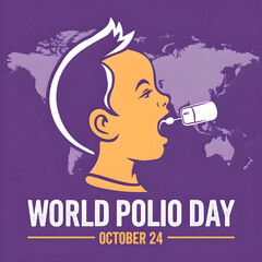 A young boy with short dark hair receiving an oral polio vaccine, against the backdrop of a purple world map