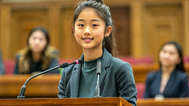 A young girl stands at a podium, passionately addressing an audience during a youth conference. Her confident demeanor engages attendees as she presents her views on social change.