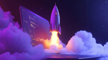 Obraz premium A rocket launching from a laptop computer, symbolizing technological advancement, innovation, and rapid growth.