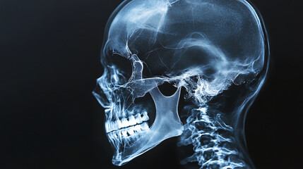 A profile view of a human skull in an x-ray image, with a focus on the teeth, jaw, and spine.