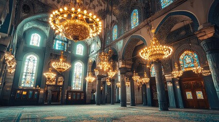 Fototapeta premium A breathtaking interior view of an ornate hall adorned with grand chandeliers and stunning stained glass windows.