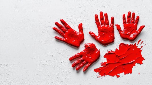 Bloody handprints smeared across a white surface, creating a sense of urgency and drama