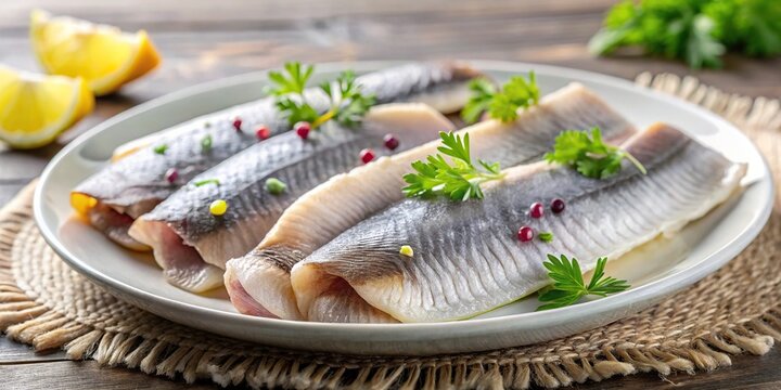 Pickled herring fillets in medium shot