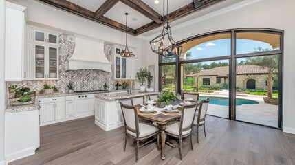 Spacious dining room with a large table, stylish chairs, and soft lighting creating an inviting atmosphere