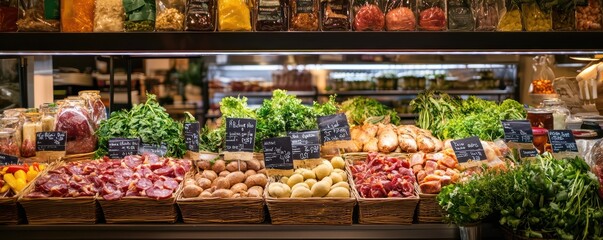 A sustainable deli featuring locally sourced organic meats and cheeses, with biodegradable packaging and solar-powered refrigeration