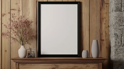 A minimalist interior scene featuring a blank frame, vases, and dried flowers on a wooden shelf.