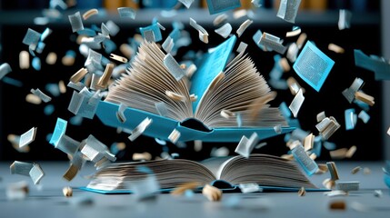 Pages of books flying through the air, creating a dynamic, surreal composition against a plain background
