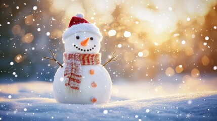Fototapeta premium A cheerful snowman in a snowy landscape, adorned with a red hat and scarf, surrounded by falling snow and a warm, glowing background.