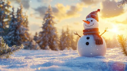 Fototapeta premium A cheerful snowman in a snowy landscape during sunset, surrounded by evergreen trees and glistening snowflakes.