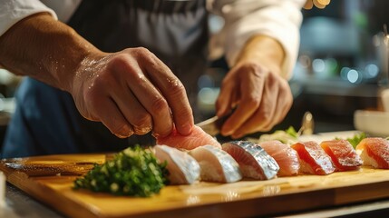 A chef expertly prepares sushi, showcasing fresh fish on a wooden board, highlighting culinary artistry and attention to detail.