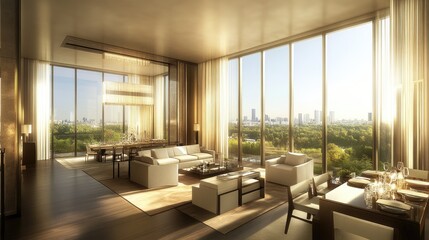 Stylish open-plan living and dining room with large windows and modern furniture