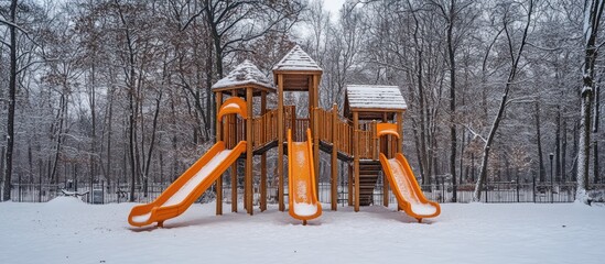 A wooden playground with orange slides stands in a snowy forest.