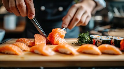A chef skillfully slices fresh salmon on a wooden board, showcasing the art of sushi preparation in a vibrant kitchen setting.