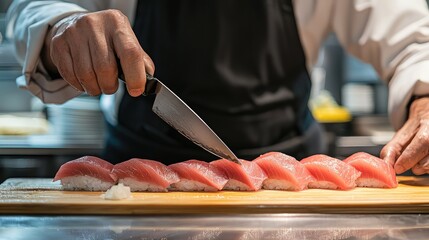 A chef skillfully slices fresh tuna into perfect pieces for sushi preparation in a modern kitchen setting.