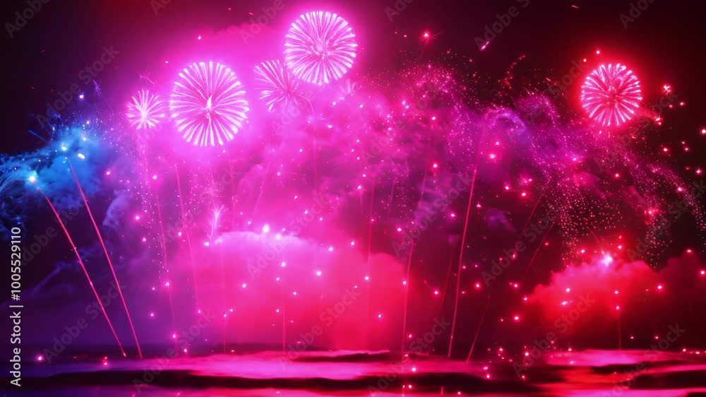 Poster numerous vibrant fireworks bursting in the night sky, creating a stunning display of colors on a bla