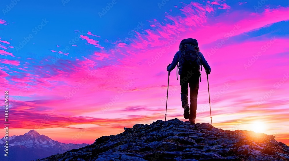 Wall mural two hikers walking toward a glowing sunset on top of a mountain ridge, capturing adventure and natur