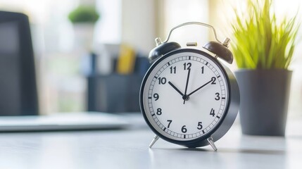A classic black alarm clock on a desk with a green plant, symbolizing time management and productivity in a modern workspace.
