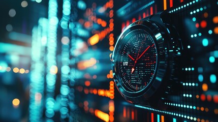 Fototapeta premium A close-up of a futuristic clock against a backdrop of glowing digital elements, symbolizing time and technology integration.