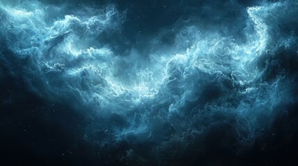 A mystical blue nebula glowing in the depths of space showcases intricate swirling patterns amidst a dark cosmic backdrop