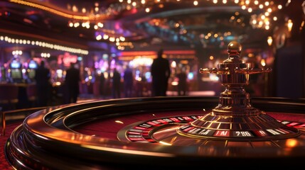 A vibrant casino scene featuring a roulette wheel in the foreground, illuminated by colorful lights, with patrons enjoying the atmosphere in the background.